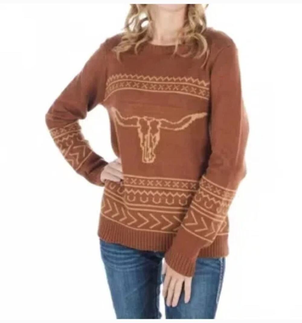 COTTON & RYE Orange Longhorn western sweater in rust | Large